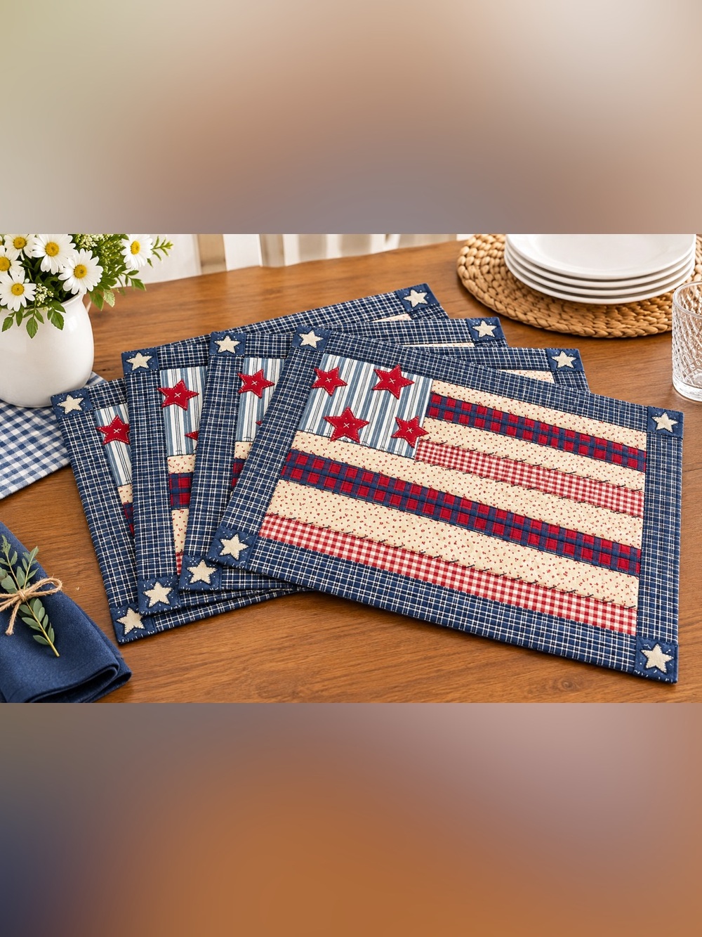 💙Set 4 Platemat quilt patchwork star flag🇺🇸
